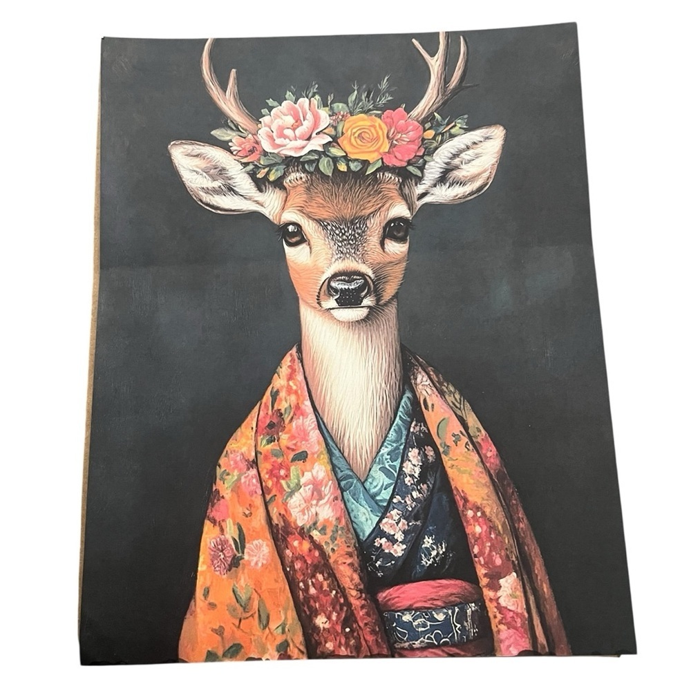 Deer Poster Art Print, Animal Flowers in Kimono Wall Art Decor Painting Artwork - Picture 2 of 4